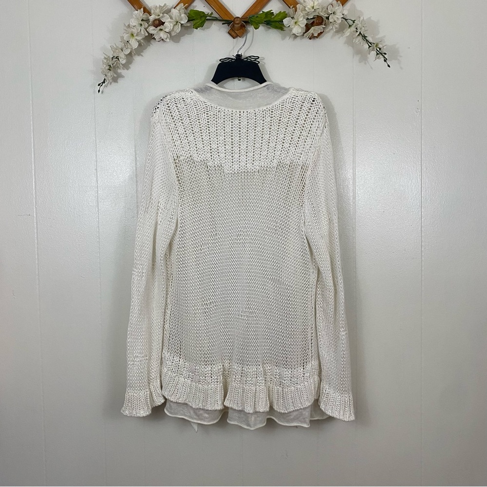 Chico’s sz:3 Off-White Knit Cardigan Ruffle Sleeve Distressed Style - Picture 12 of 14